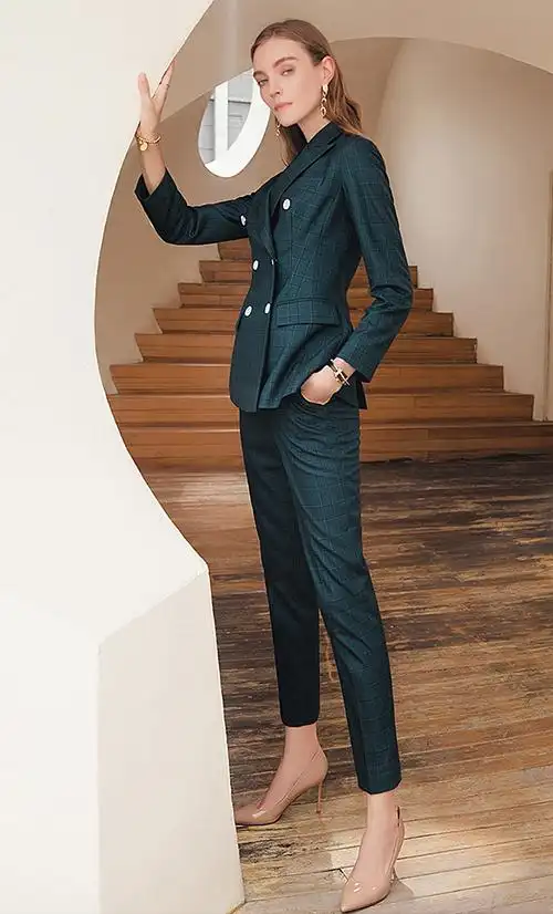 女士职业装墨绿色格纹西装套装侧面