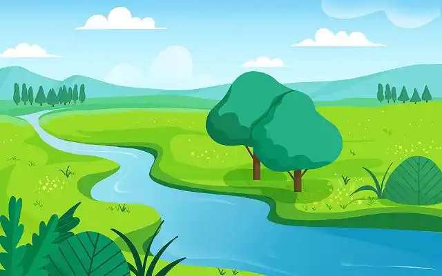 蓝天白云小河自然风景扁平河流插画