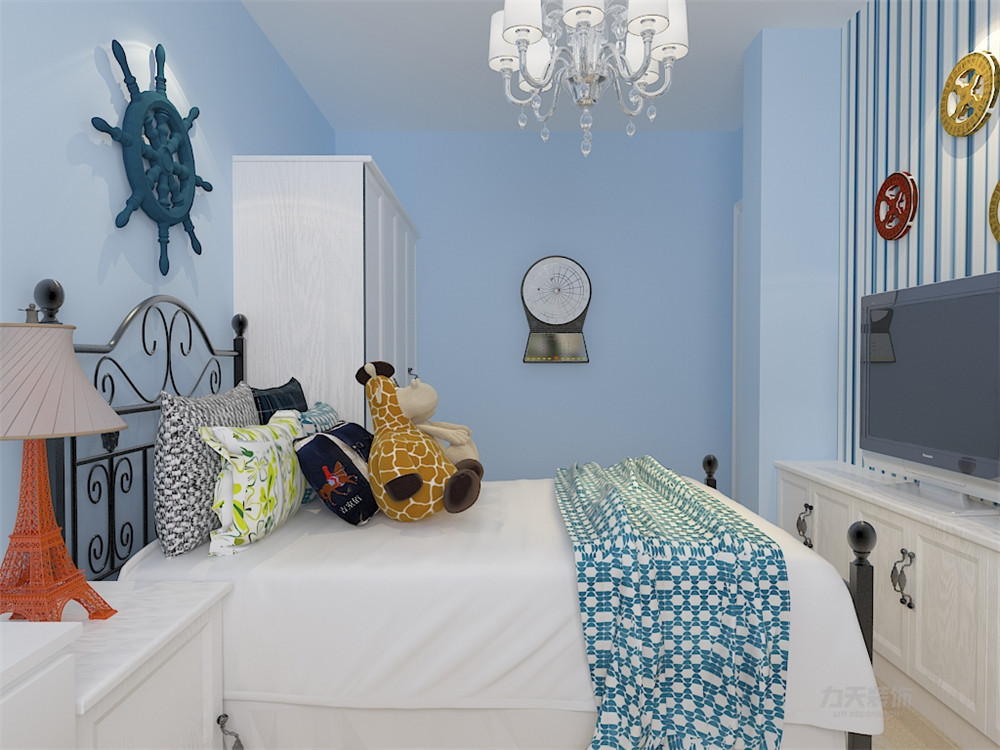 139㎡                    儿童房使用蓝条壁纸搭配蓝色乳胶漆,使整个