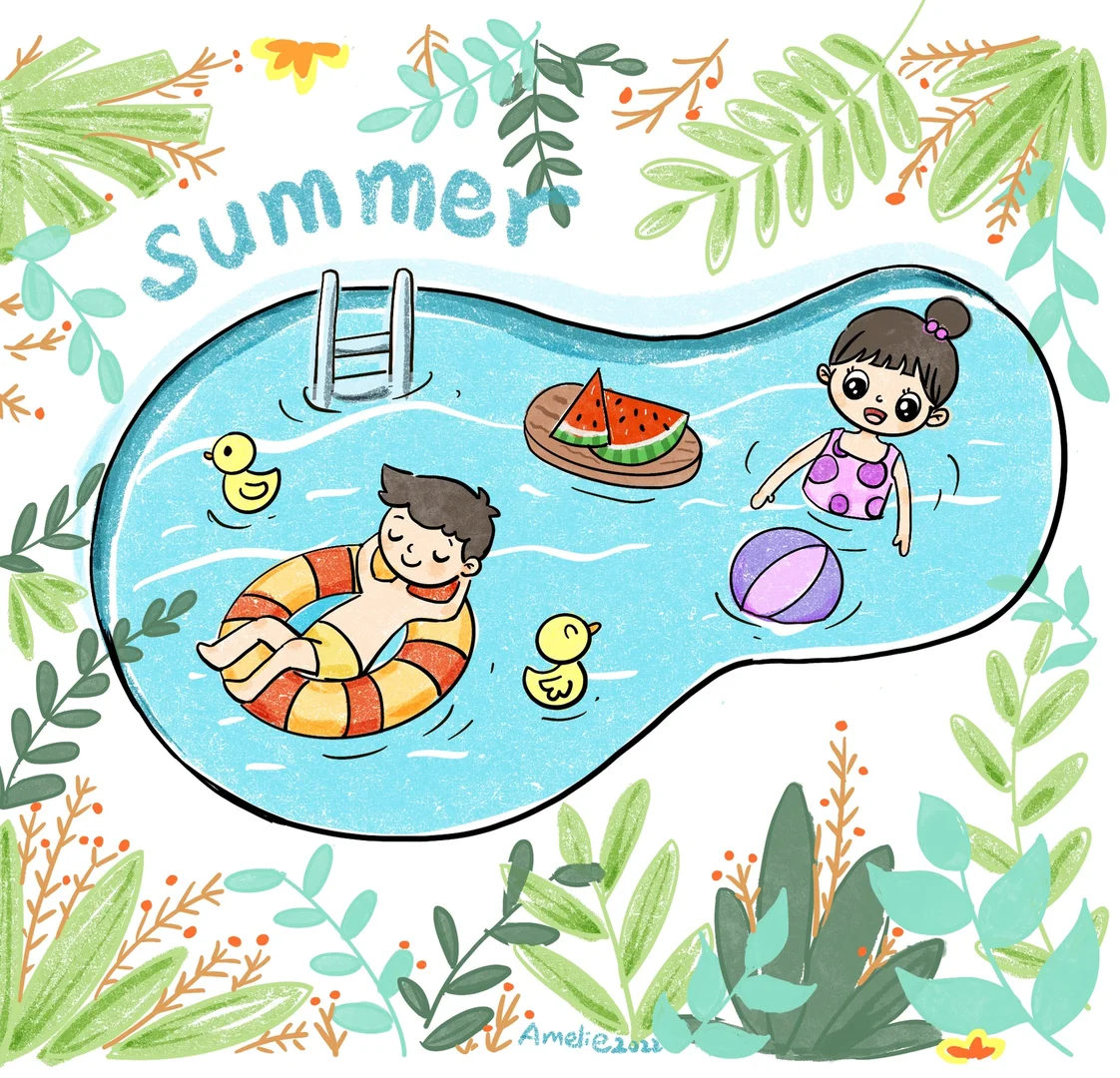 夏天主题画游泳儿童画一起来玩水