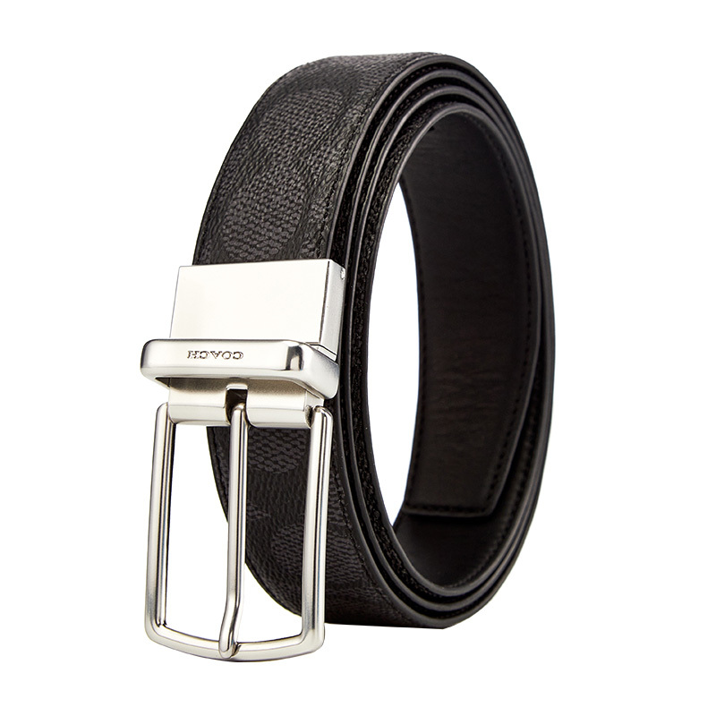 蔻驰coach奢侈品男士专柜款黑灰色pvc配皮经典logo双面用皮带腰带