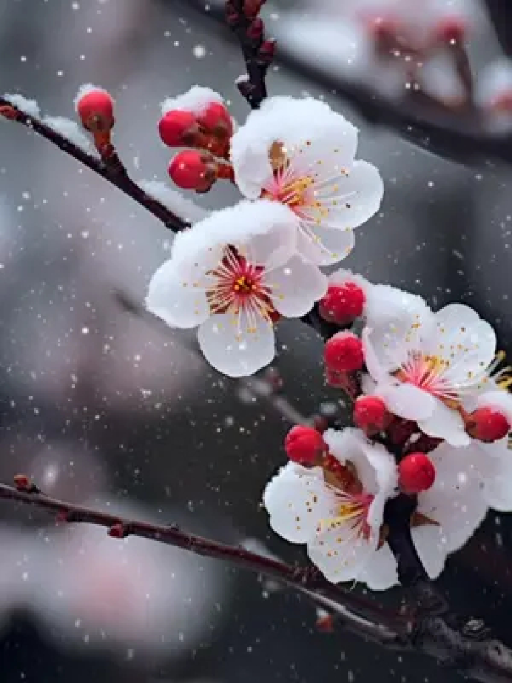 粉落眉睫凝作霜 冬短情长花渐瘦 留君一枝锁骨香 #诗词 #雪中梅花 #黄