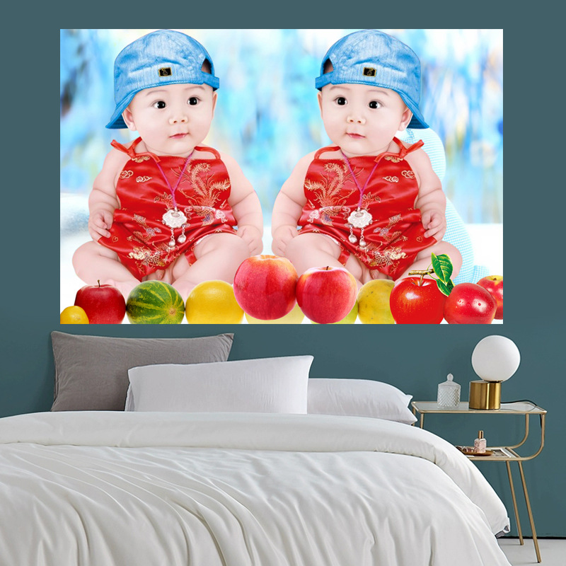 可爱龙凤胎娃娃海报男女婴儿双胞胎宝宝图片墙贴孕妇胎教新婚房画