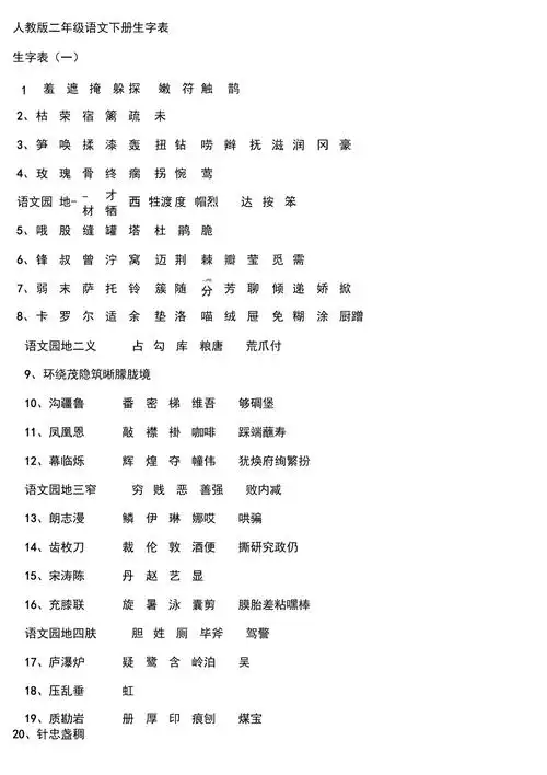 人教版二年级语文下册生字表