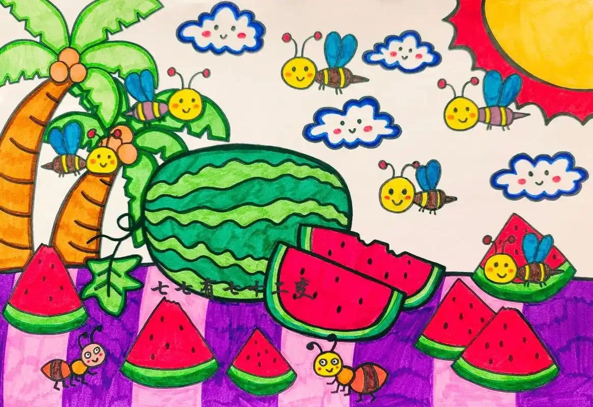 夏天,天气越来越热,来画一幅西瓜儿童画吧