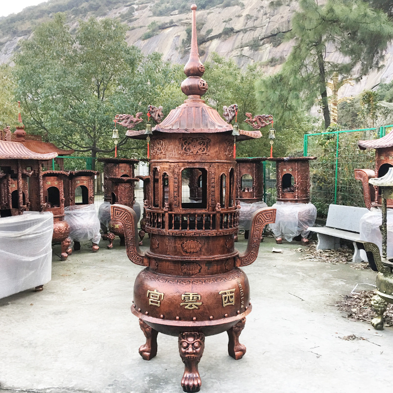 寺庙铸铁宝鼎二层 圆形室外带盖烧纸炉寺院宗祠五层露天纯铜香炉