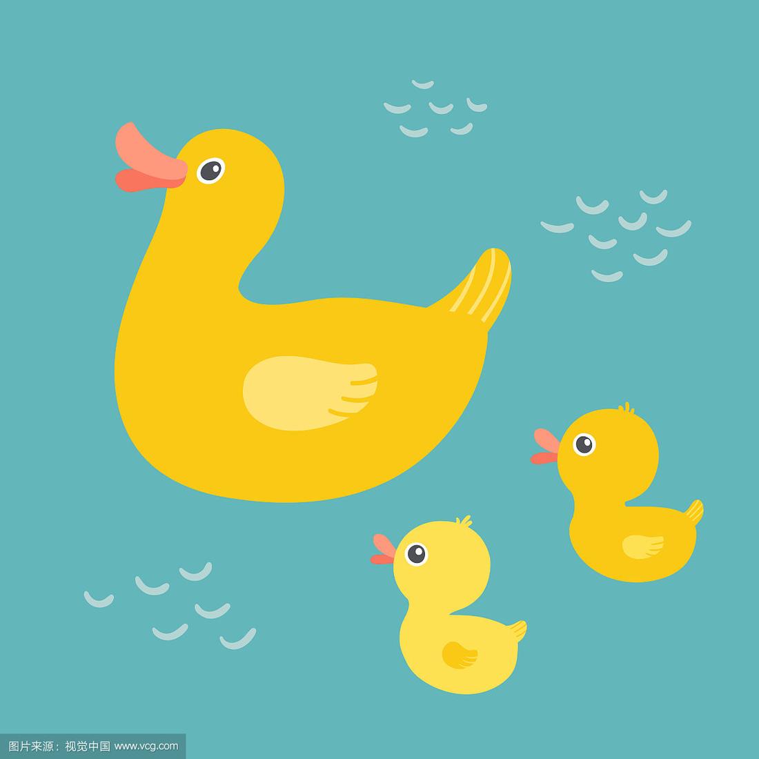 卡通鸭妈妈和鸭子一起在池塘里游泳