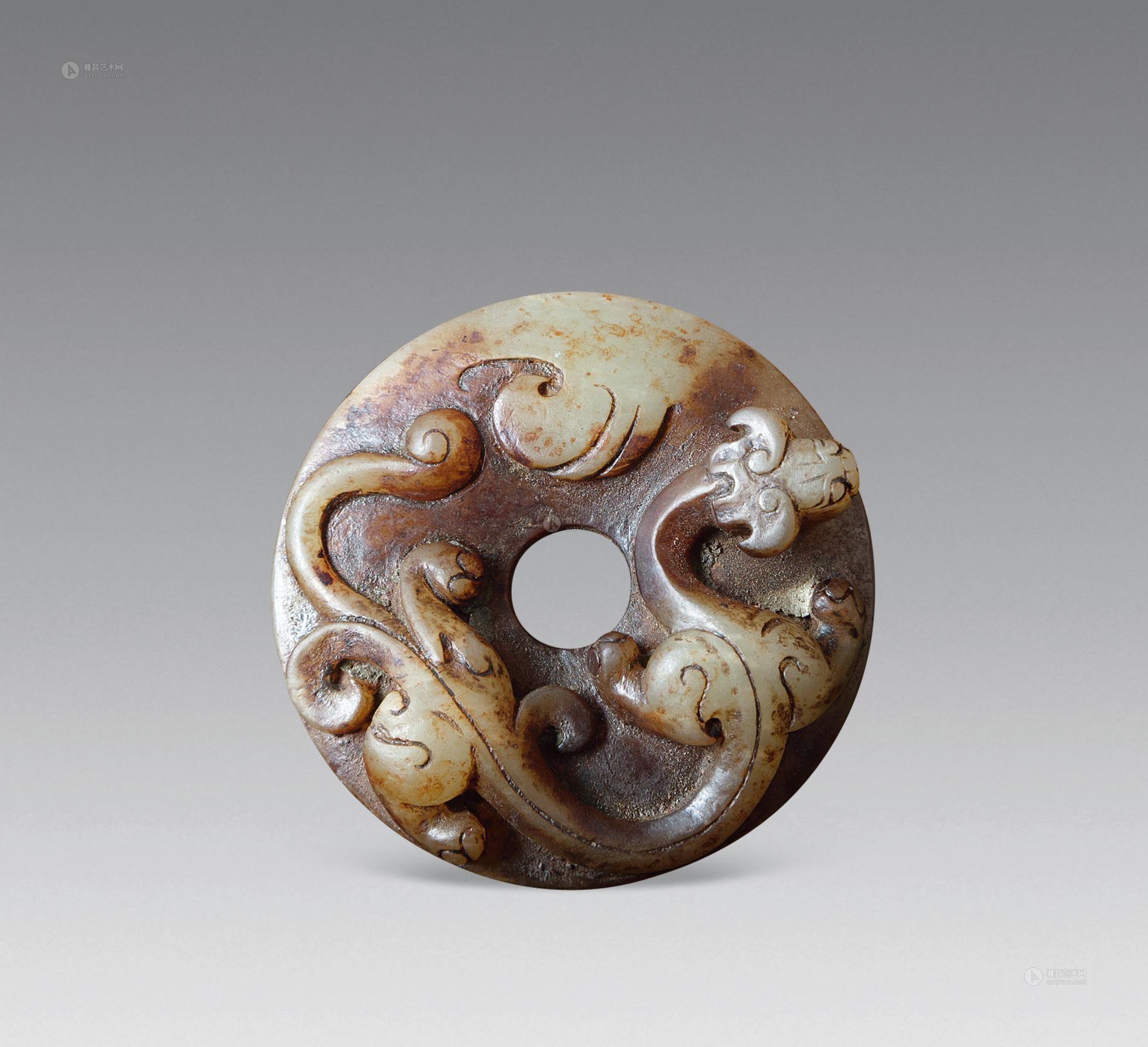 0228 和田玉雕螭龙纹错金圆形剑饰