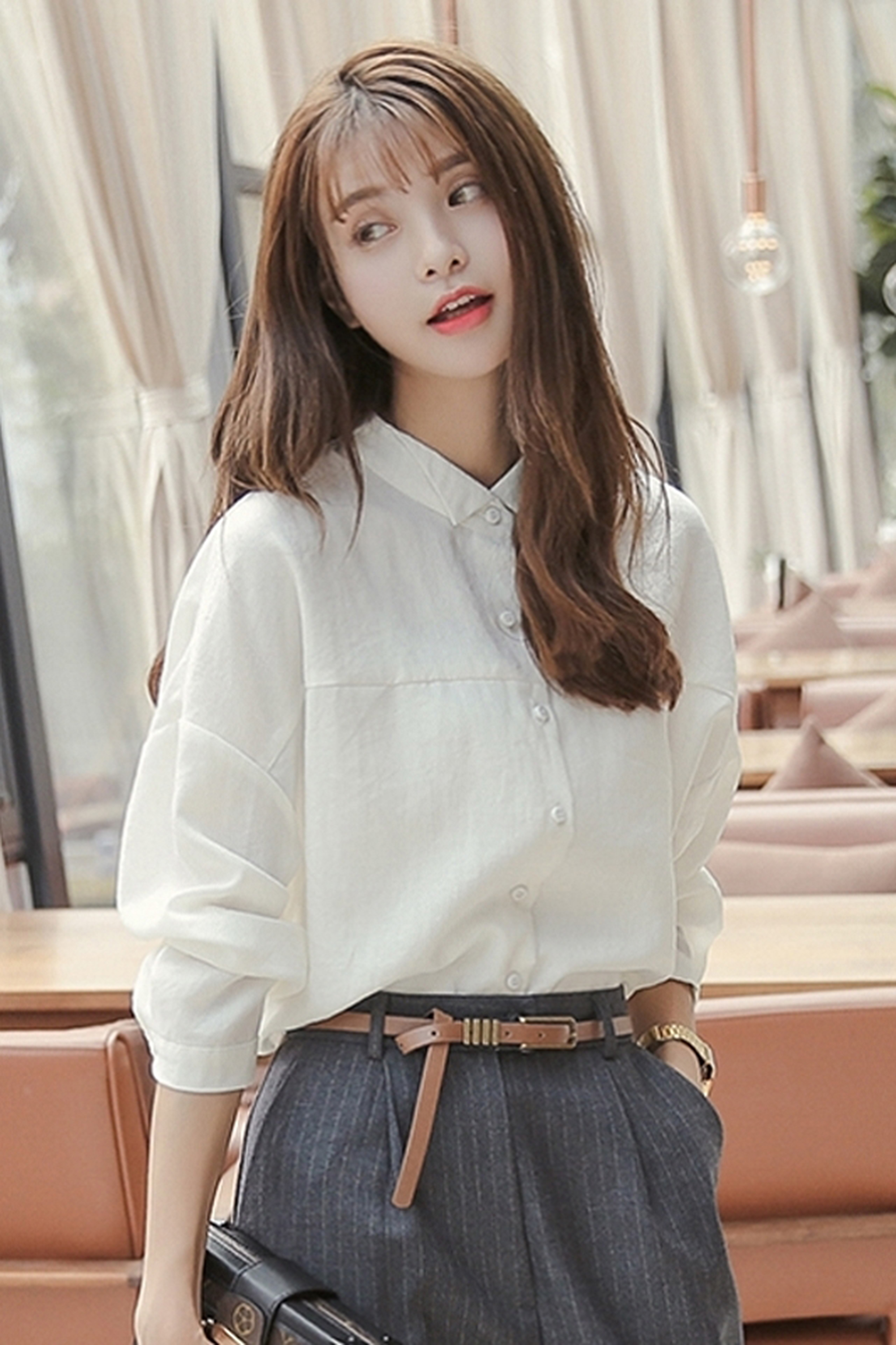 春秋季新款韩版宽松百搭纯色衬衣小清新学院风长袖打底白色衬衫女