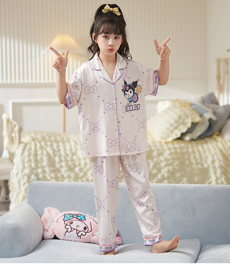 儿童睡衣女童夏季冰丝薄款短袖三件套装小女孩大童洋气亲子家居服