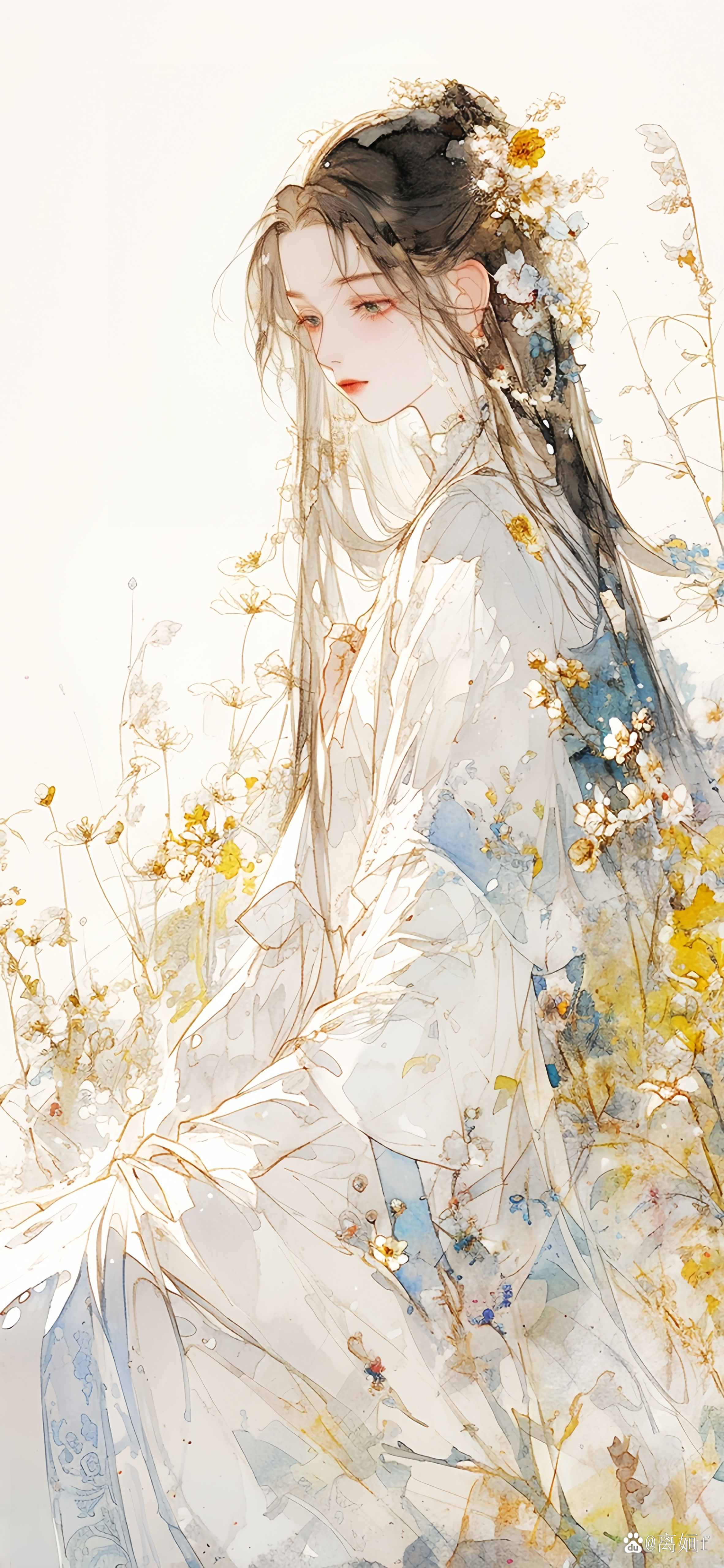 美图分享 小清新古风美人壁纸 在春日的微光下,一位女子静坐于碧绿的