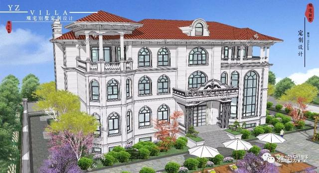 三层千平欧式豪华别墅设计图,挑空客厅,顶层八角凉亭.