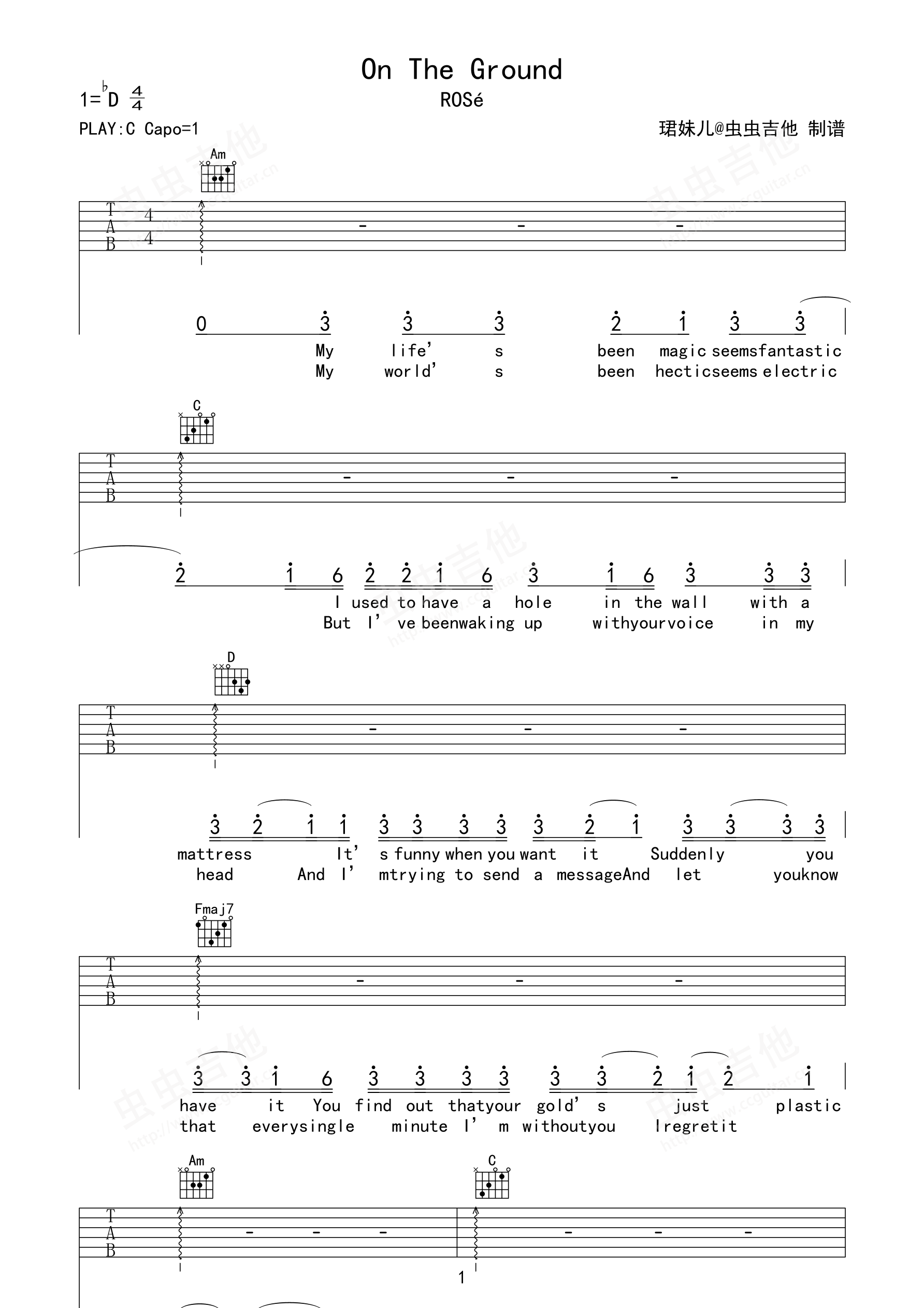 《on the ground》-ros? (?)c调六线pdf谱吉他谱-虫虫吉他谱免费下载
