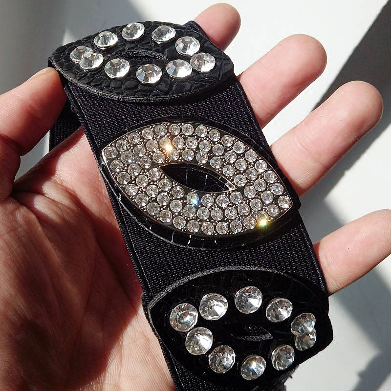 大衣弹力水钻皮带超宽腰带女士松紧腰封水晶装饰百搭时尚配裙子女黑色