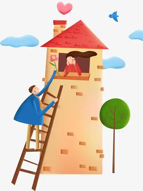 卡通男孩爬梯子送花女孩