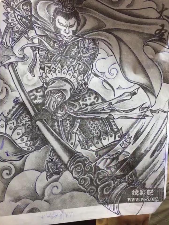 孙悟空花臂线条完成_纹身图案手稿图片_赵海波的纹身作品集