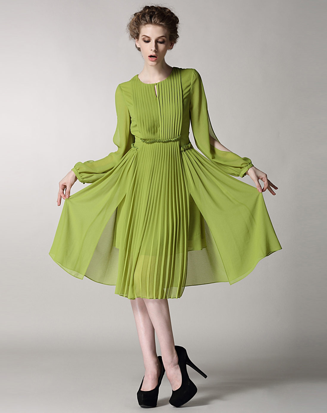 浅绿色长袖雪纺修身ol连衣裙