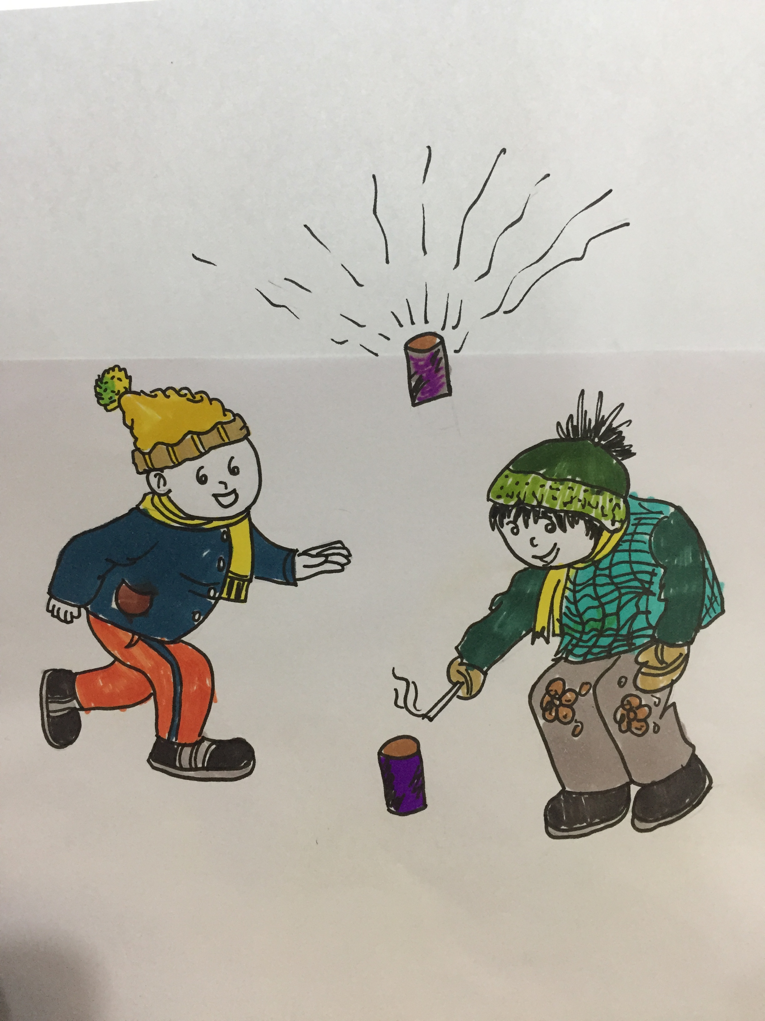 卡通小孩子放烟花简笔画——穿着厚厚的棉衣,笨拙的样子