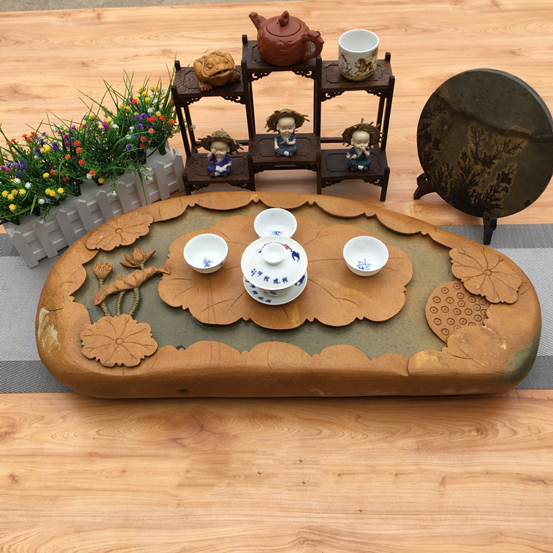 整块肇庆端砚石茶盘石头茶台茶海茶具紫袍玉家用干泡歙砚石材