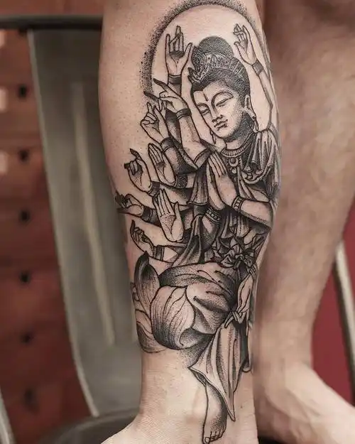 小腿黑灰newschool千手观音纹身图案