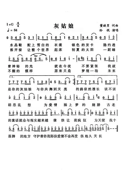 灰姑娘(孙悦演唱版) - 简谱 - 歌谱简谱大全