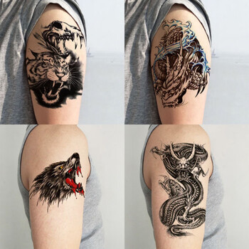 半臂纹身贴防水男图腾仿真逼真花臂小手臂狼头麒麟火焰龙刺青4张z010