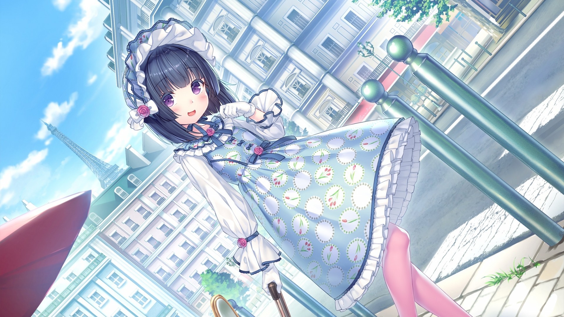 粉色樱花下的动漫美女桌面壁纸