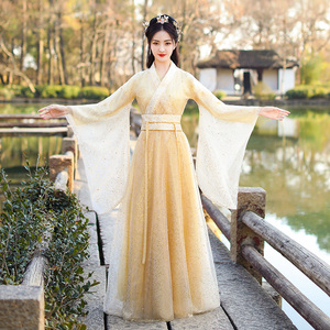 原创汉服女中国风古装古风女装仙气飘逸金色演出服装长裙显瘦全套
