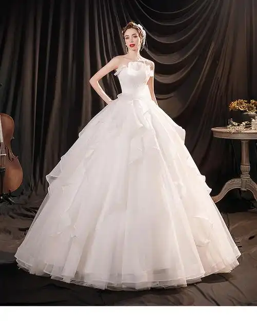 天使的嫁衣公主范儿法式浪漫时髦精致花瓣抹胸新娘婚纱礼服 白色 xxl