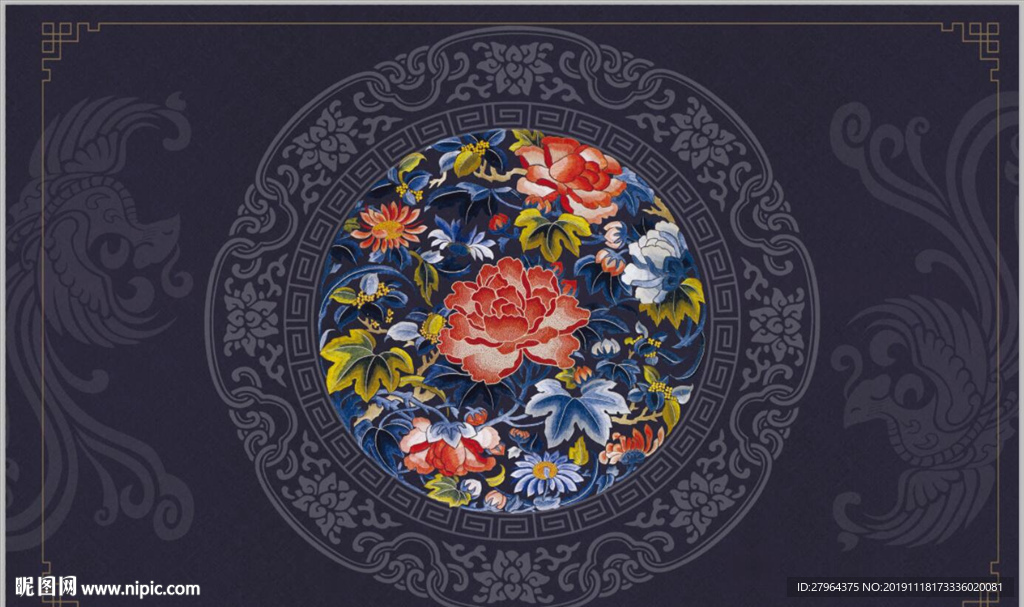 国潮纹样芙蓉花中国风中式背景墙图片