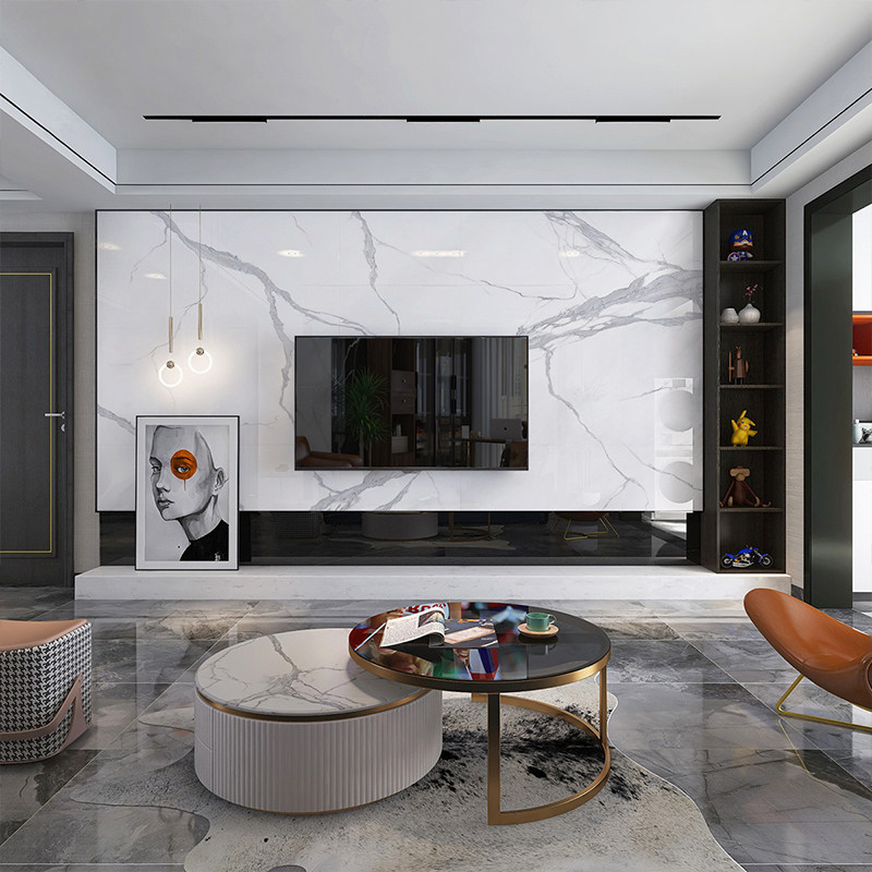悬空大理石电视背景墙现代简约微晶晶石瓷砖客厅轻奢瓷砖背景墙