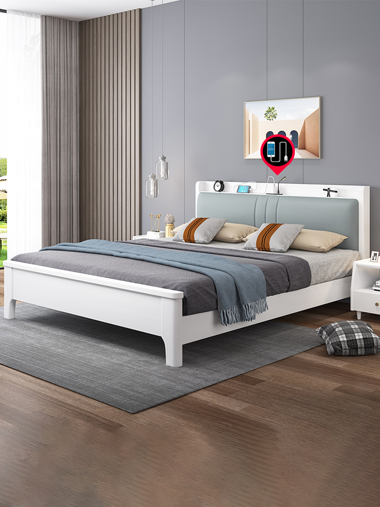 实木床白色主卧现代简约北欧风格1.8米气压床1.35m单双人床轻奢床