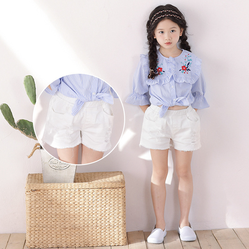 韩版女童2018春夏个性破洞纯色时尚毛边清新牛仔背心套装短裤8065