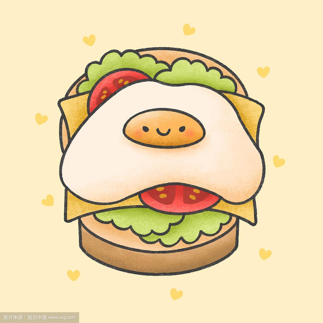 煎蛋上的奶酪三明治卡通手绘