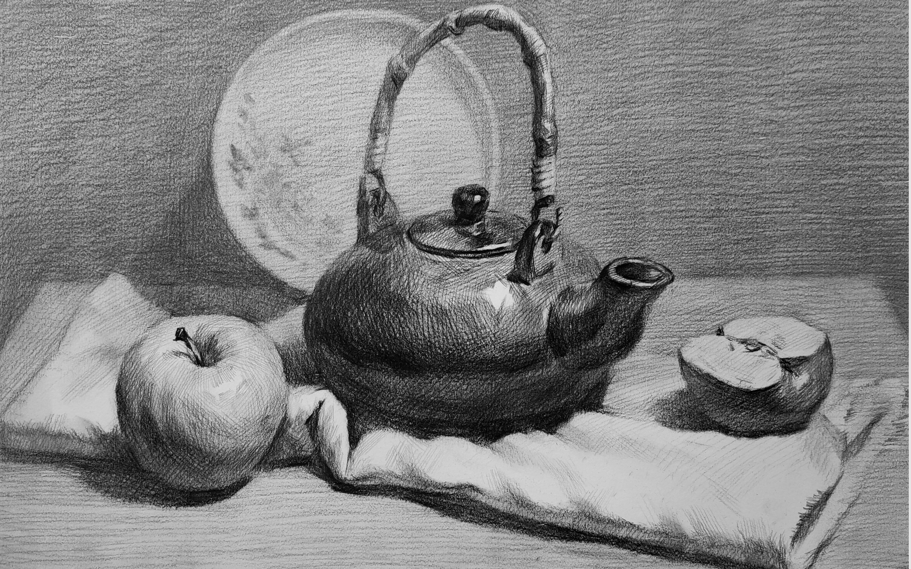 【素描静物】2小时联考静物组合示范 光影素描,苹果陶罐