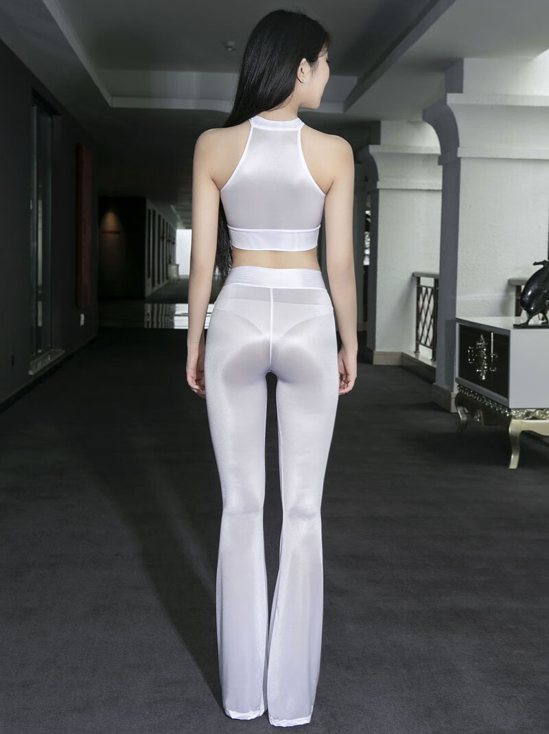 性感油亮喇叭裤弹力长裤紧身修腿舞蹈裤衣薄舞台闪亮裤 【套装上衣