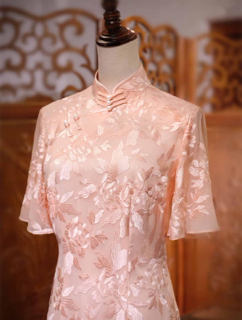 旗袍高端手工定制白月光婚礼真丝粉色蕾丝名媛旗袍