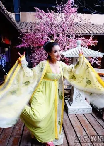 只见这位女演员一袭低胸古装裙,靠在男演员身上,周海媚还在照片下留言