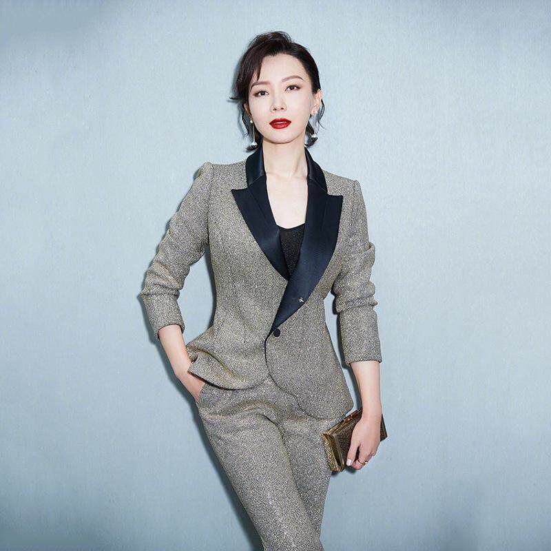 陈数明星同款拼色西装外套女装2018秋冬新款拼接微喇长裤时尚套装