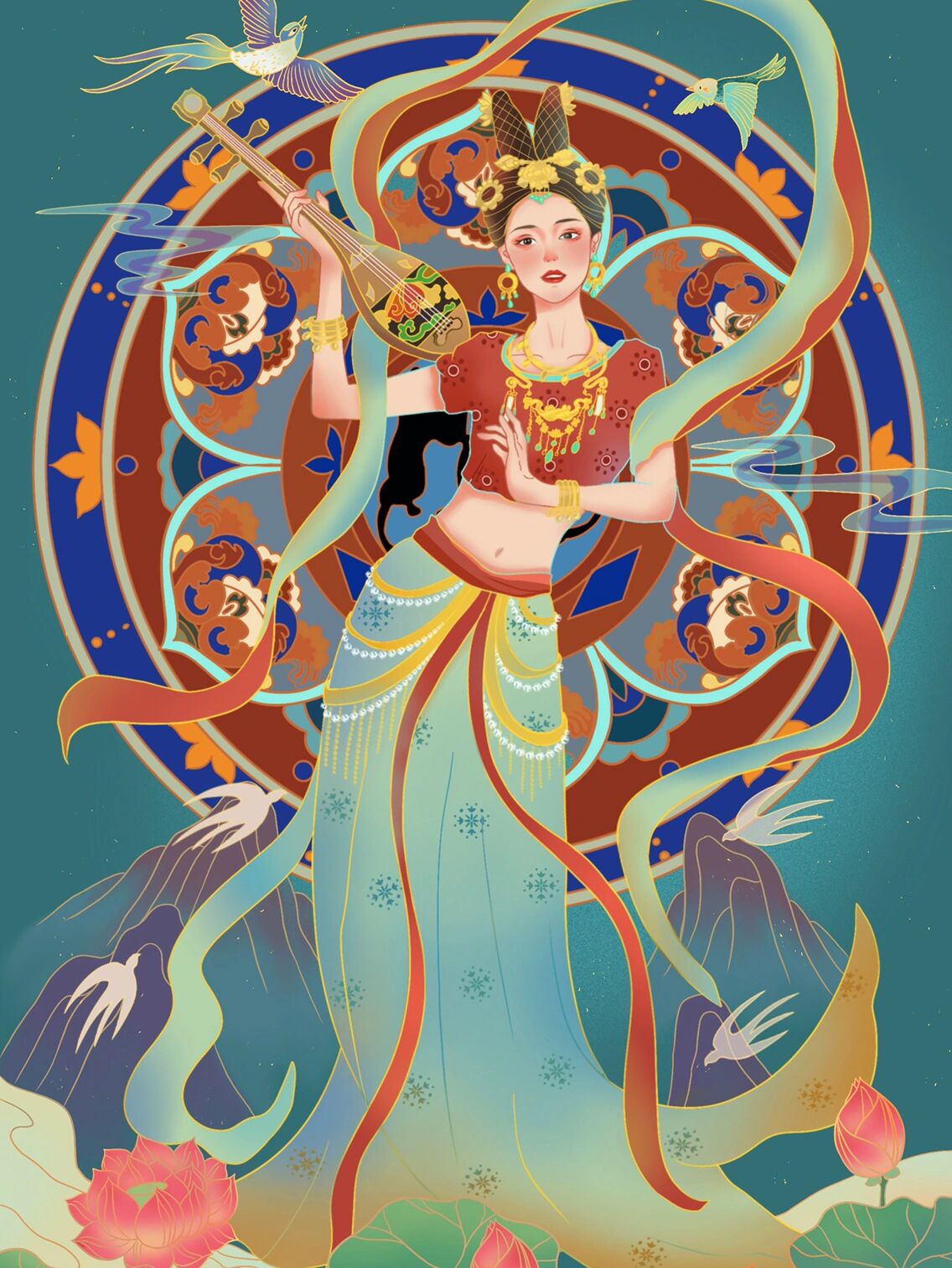 国风插画|敦煌飞天少女 《反弹琵琶》是敦煌壁画《无量寿经变》的局部