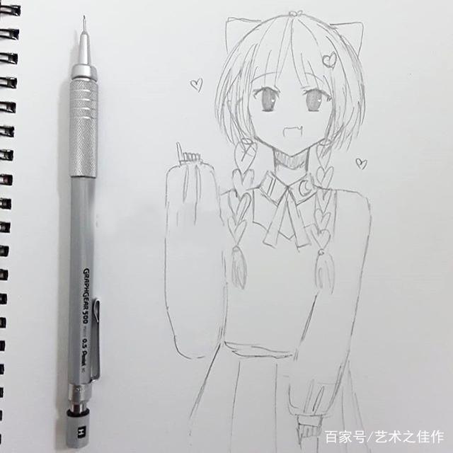 铅笔线稿可爱的卡通小女孩全抱走