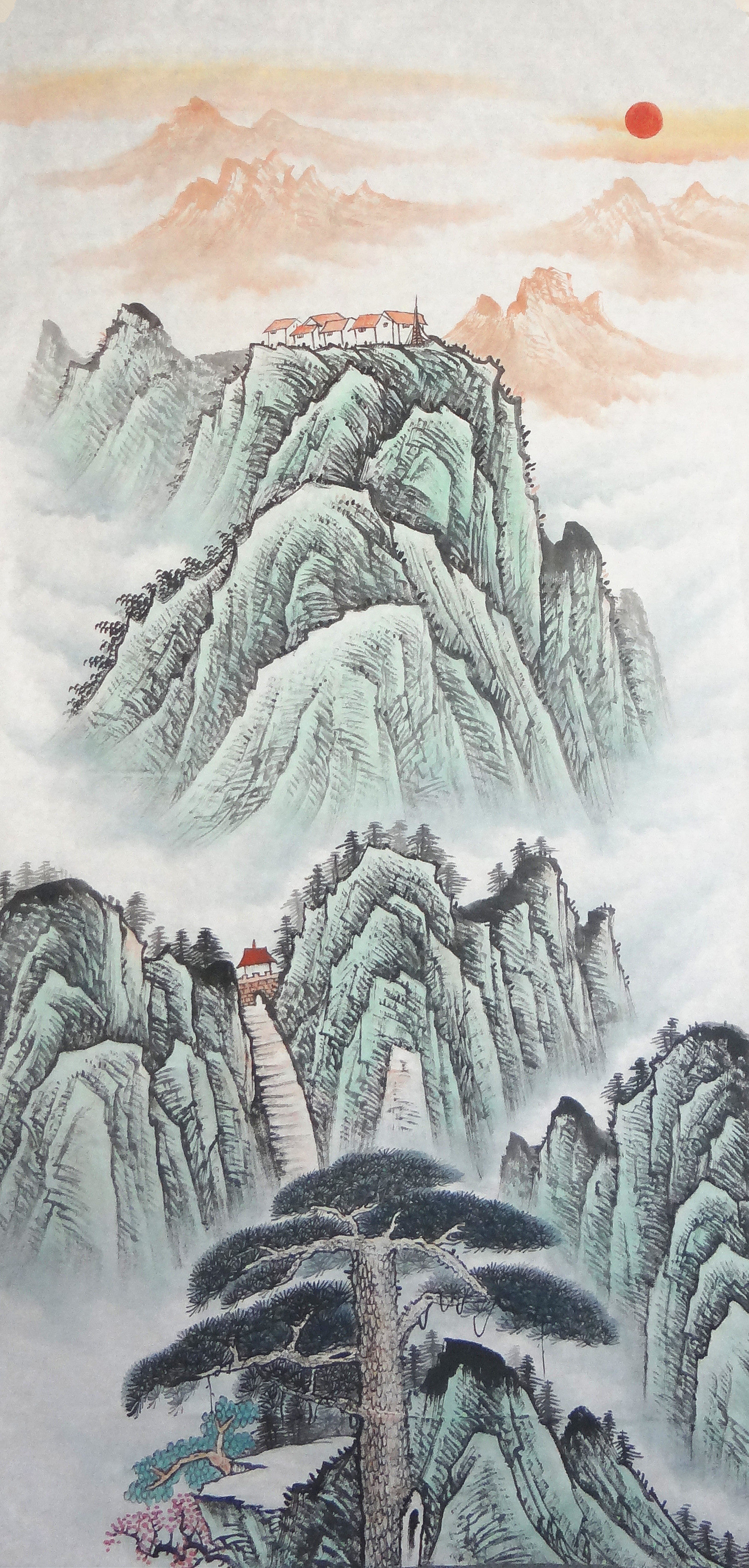 纯手绘山水画四尺国画竖幅泰山日出条幅未装裱风水画
