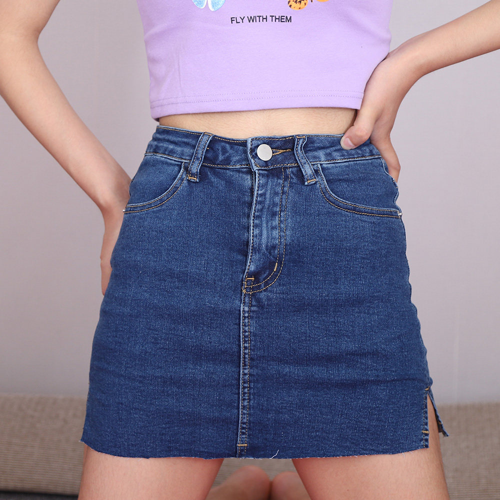 欧美毛边超短走光牛仔裙高腰显瘦弹力安全性感半身裙