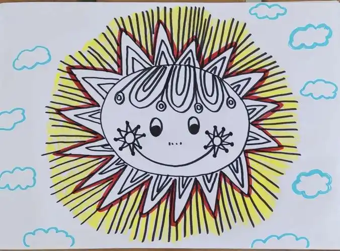线描画《太阳》 材料准备:白纸,勾线笔,水彩笔