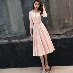 订婚粉色礼服小晚礼服宴会参加婚礼女装秋冬连衣裙气质平时可穿女