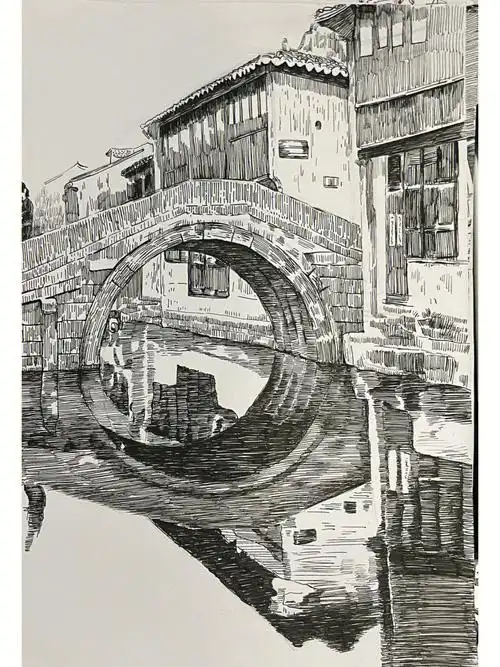 古镇速写临摹钢笔画