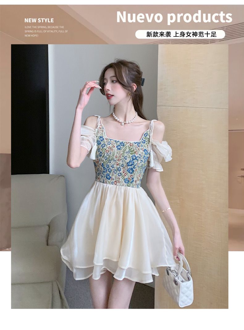 气质碎花吊带一字露肩短袖连衣裙女夏季小个子设计高级感蓬蓬裙子