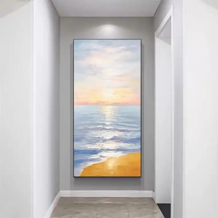 纯手绘油画玄关背景装饰画现代简约竖版挂画北欧轻奢客厅海景日出