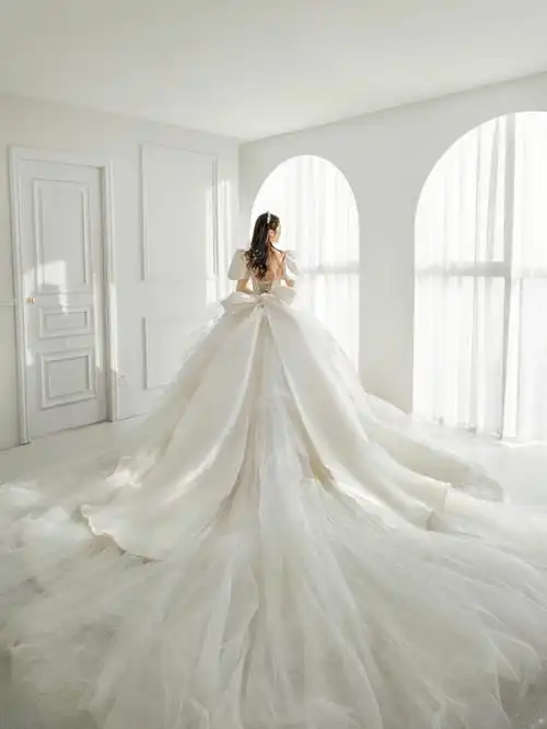 试穿到了梦中婚纱超大拖尾 配上层层叠叠的纱 梦幻华丽背后的蝴蝶结