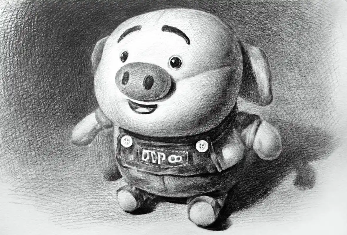 素描小猪布偶.1.打形,把外轮廓画出来. 2.细化线稿,分出 - 抖音